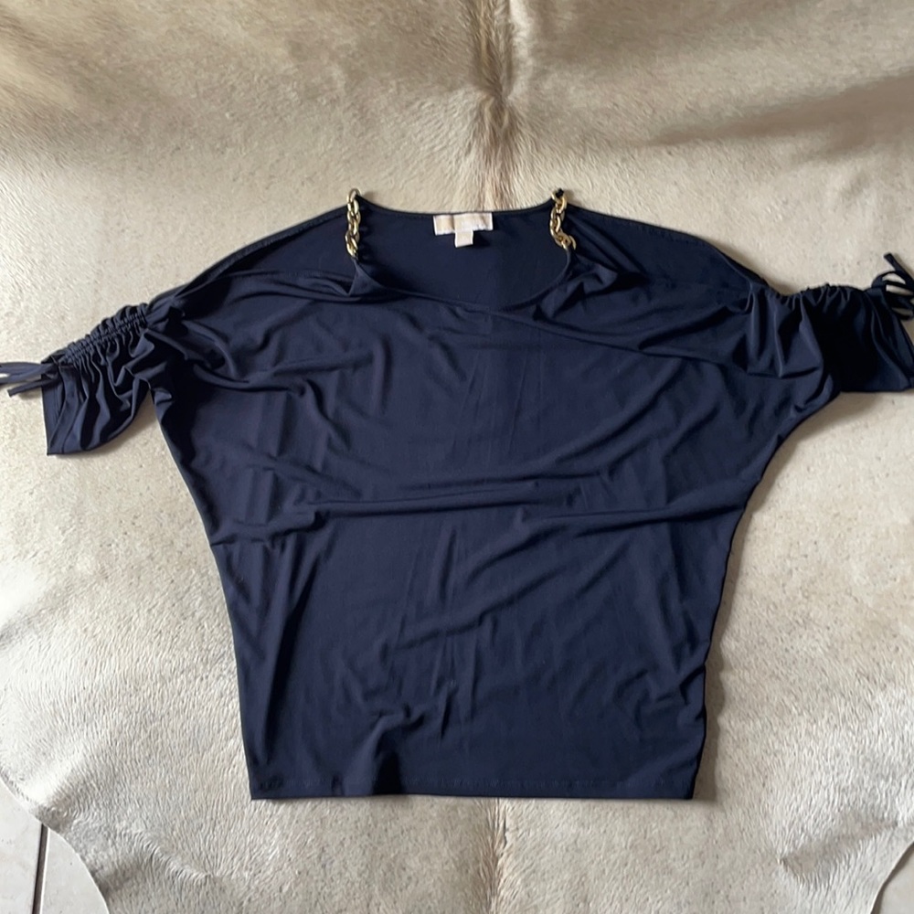 Michael Kors Med Black Cold Shoulder with Gold Chains & 3/4 Drawstring Arm Top